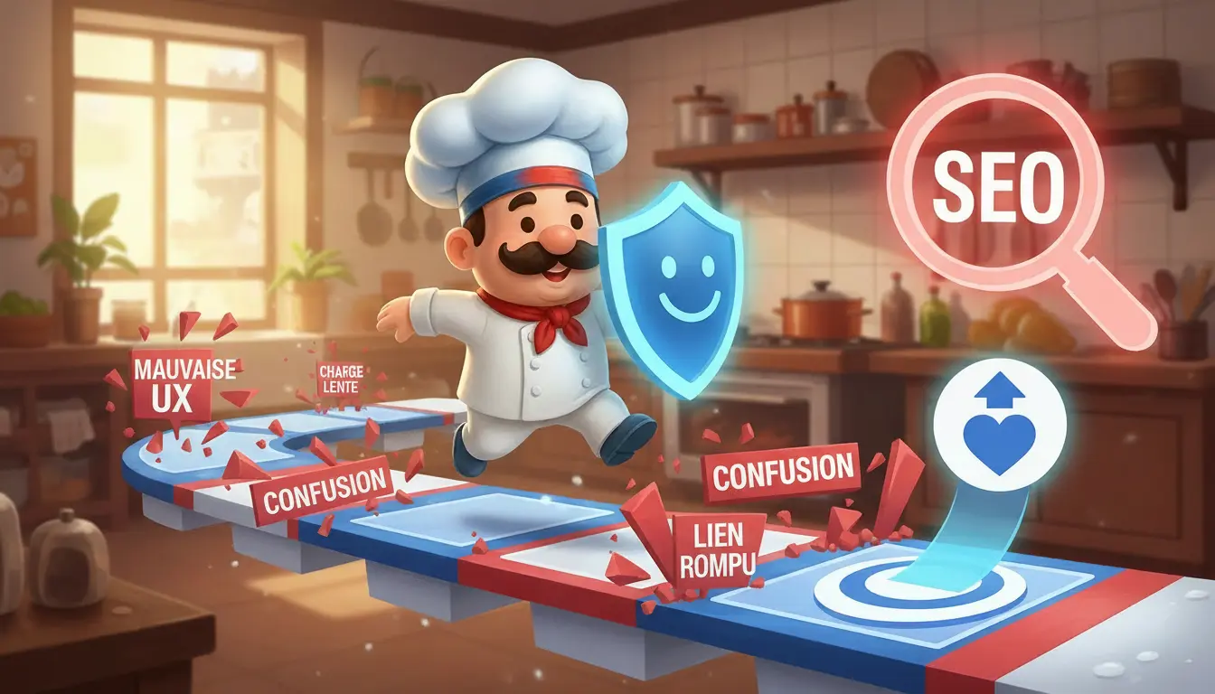 Chef qui avance sur un parcours utilisateurs semé d'erreurs (charge lente, mauvaise UX, Confusion, lien rompu afin de démontrer l'importance de expérience utilisateur sur un site web.
