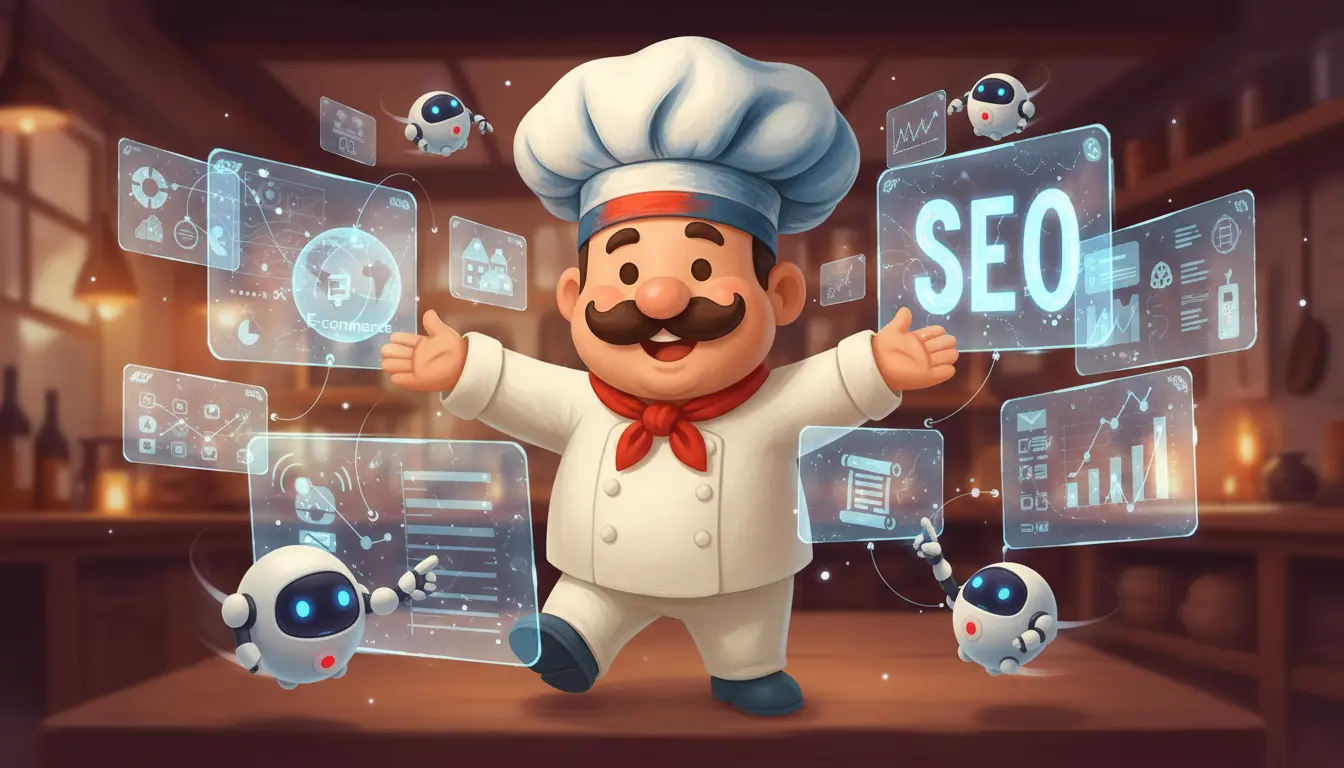 Chef de l'agence web Chef et Dév, entouré d'écran futuristes et de petits robots pour présenter l'importance de l'IA dans la stratégie SEO de 2026.
