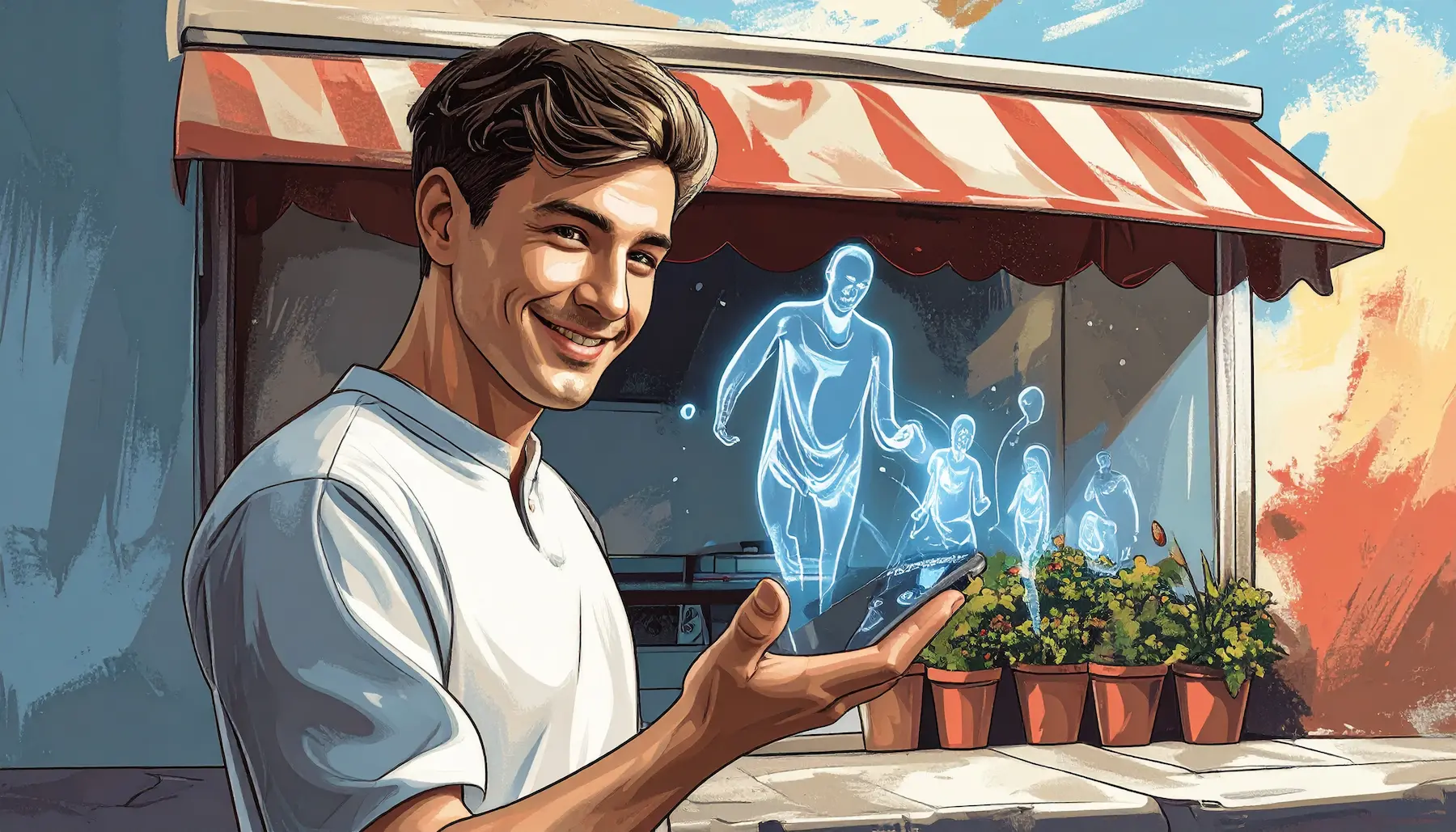 Un homme devant un commerce physique avec des hologrammes de client tout autour pour mettre en avant les avantages site e-commerce