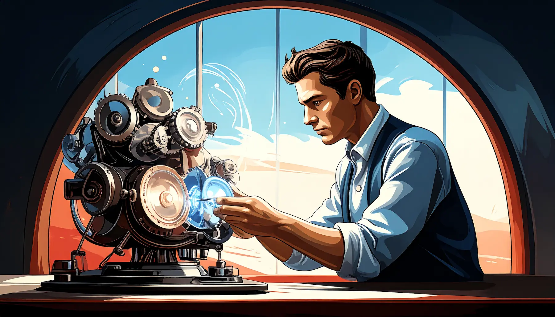 Un homme dans un bureau en train d'intéragir avec une machine qui semble mécanique et ultra-technologique pour illustrer la mise en place d'automatisation création site web