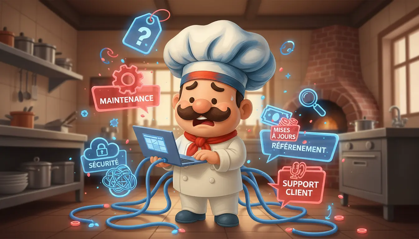 Chef, la mascotte de l'agence web Chef et Dév, qui se rend compte des coûts caché de la création d'un site web de restaurant