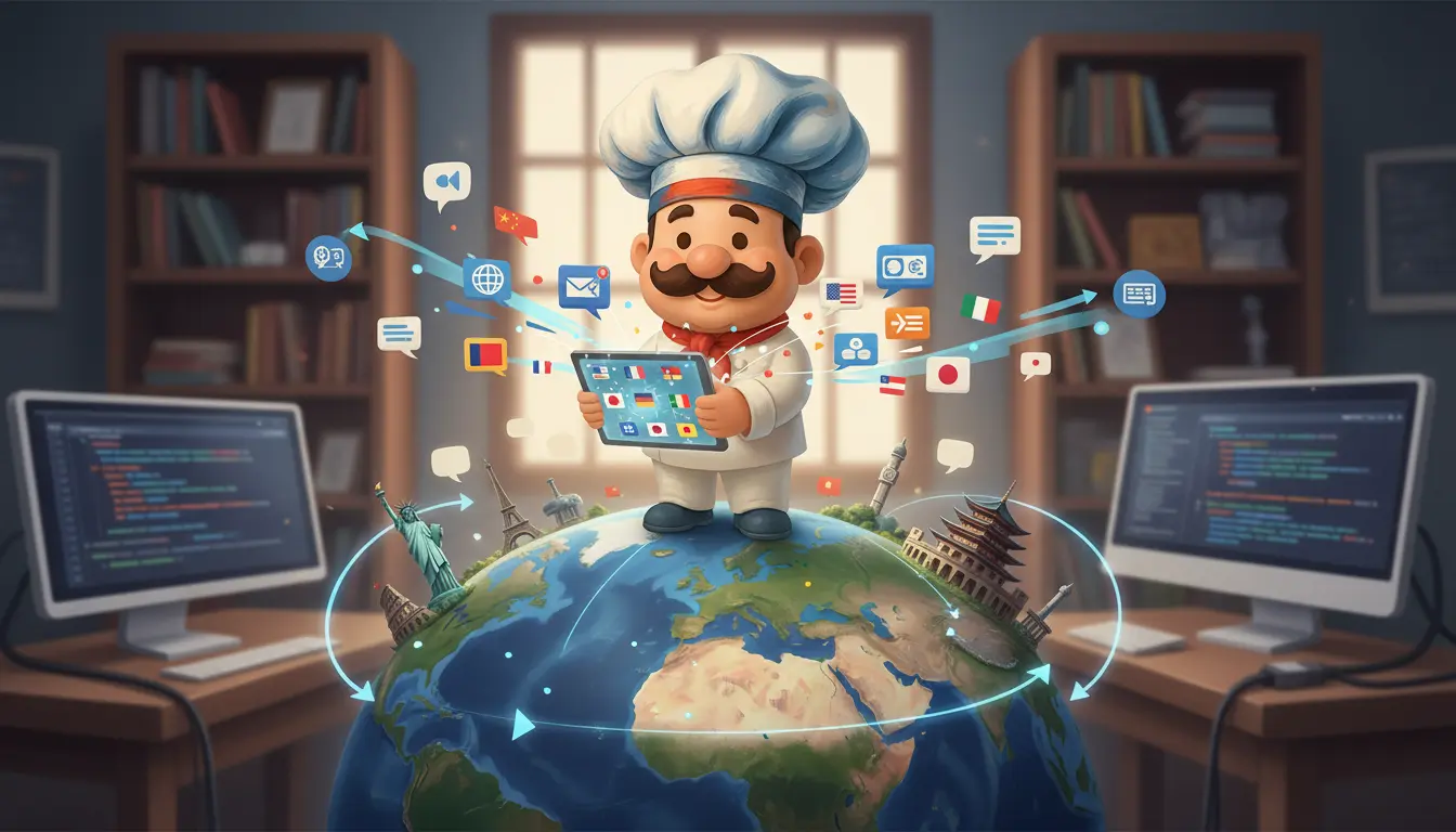 Image illustrative représentant la mascotte de l'agence Chef et Dév sur une planète en train de traduire site web d'un client