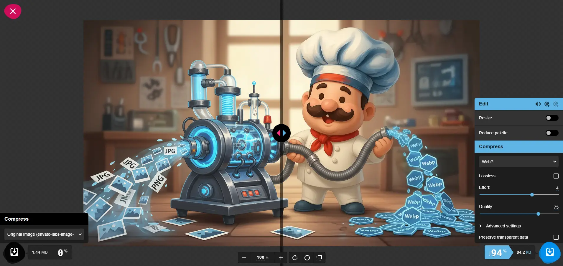 Une image jpg transformé en webP dans le convertisseur Squoosh