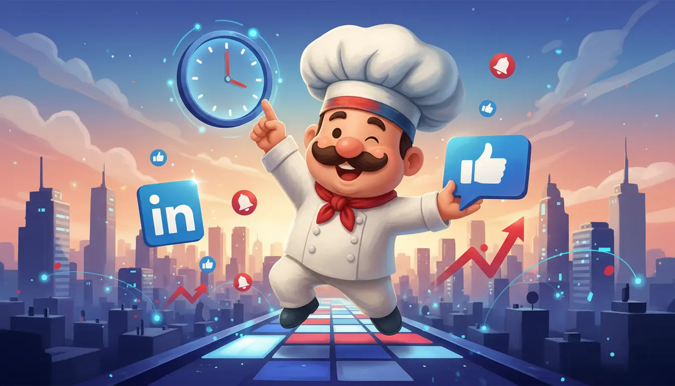 Chef en train de tenir un bouton "like" à côté du logo de LinkedIn et d'une horloge pour illustrer le fait de savoir quand publier sur LinkedIn
