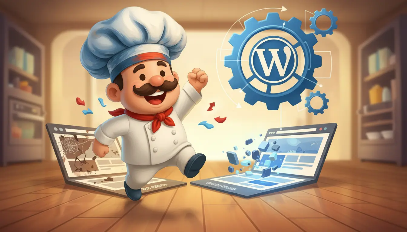 Chef, la mascotte de l'agence web Chef et Dév, en train d'effectuer les mises à jour WordPress sur un site web, une illustration ou on voit la différence entre l'affichage d'un site ancien non mis à jour et un site plus récent