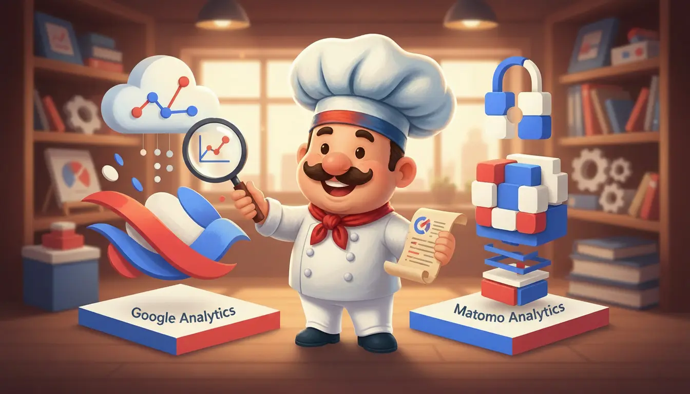 Chef en train de comparer Google Analytics et Matomo, il se trouve entre des éléments symbolisant GA4 avec une analyse de données dans le cloud et d'autre symbolisant Matomo, mettant plutôt en avant l'aspect sécurité, pour mettre en avant la dualité de Matomo vs Google Analytics