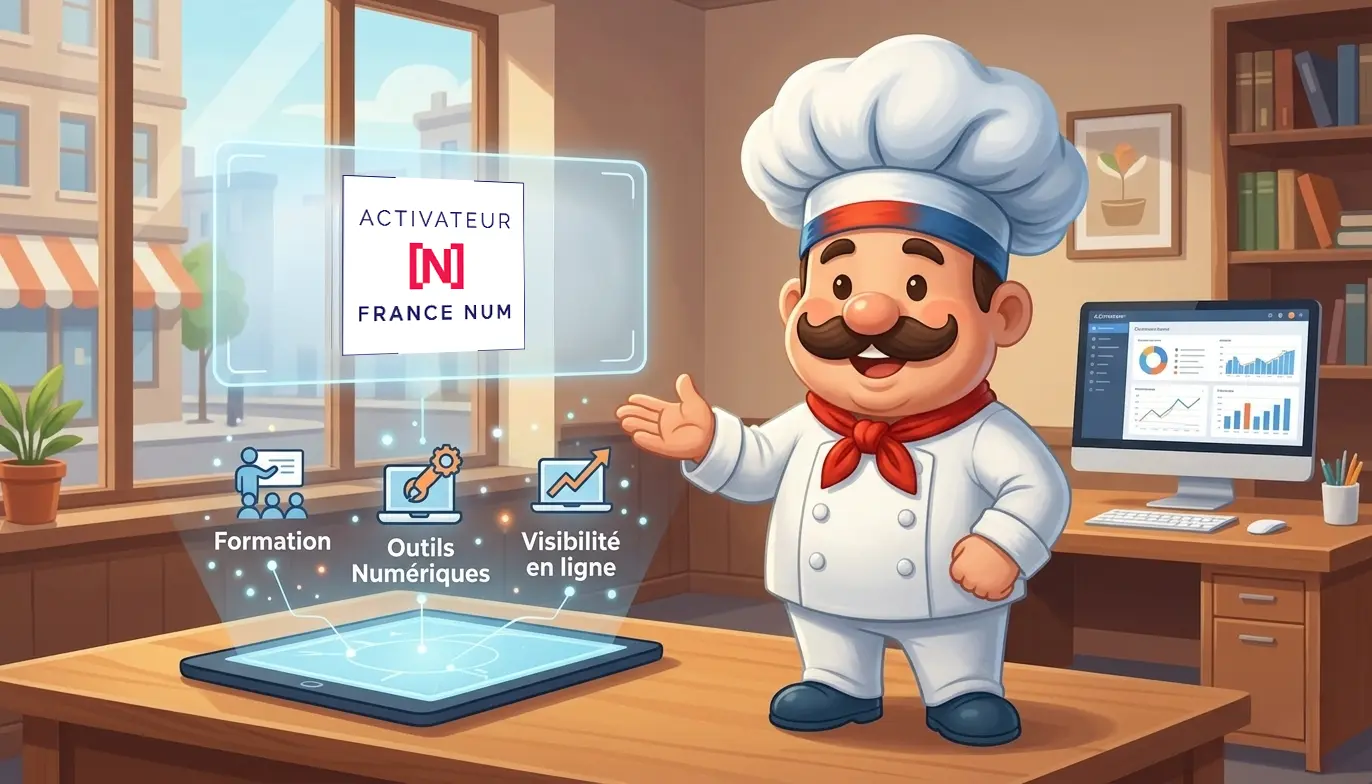 Illustration de Chef qui présente le logo des Activateurs France Numérique dans un bureau moderne car l'agence Chef et Dév vient de le devenir.