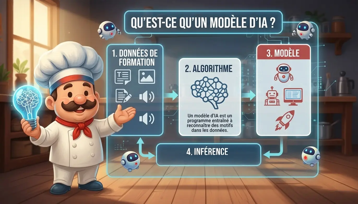 Qu’est-ce qu’un modèle d’IA ? Explication simple avec étapes clés : données, algorithme et inférence – Découverte de l’intelligence artificielle pour débutants