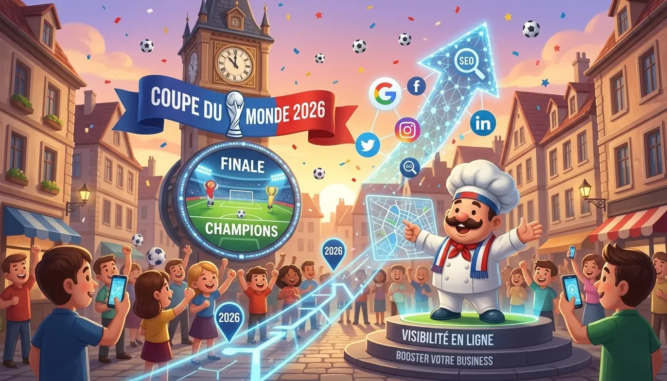 Cette image illustre une stratégie de visibilité pendant la coupe du monde 2026. Elle met en scène un chef cuisinier innovant, symbole de l'innovation marketing, debout sur une plateforme avec le texte "VISIBILITÉ EN LIGNE". Autour de lui, des icônes de réseaux sociaux (Google, Facebook, Instagram, Twitter, LinkedIn) et une mention de SEO illustrent les outils pour booster la visibilité en ligne.