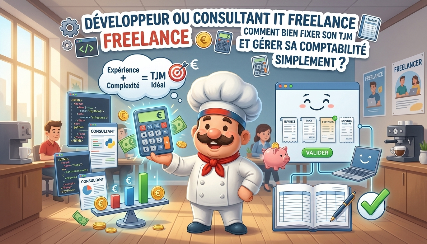 Cette illustration cartoon représente un environnement de travail dédié aux développeurs et consultants IT freelances. Au centre, un personnage de chef de cuisine souriant symbolise l'expertise et la maîtrise du métier. Autour de lui, divers éléments financiers (calculatrice, porte-monnaie, graphiques, pièces d'argent) illustrent la gestion comptable et financière. L'image met en avant le cas pratique de la comptabilité pour les indépendants du secteur IT et de la manière de fixer son TJM.